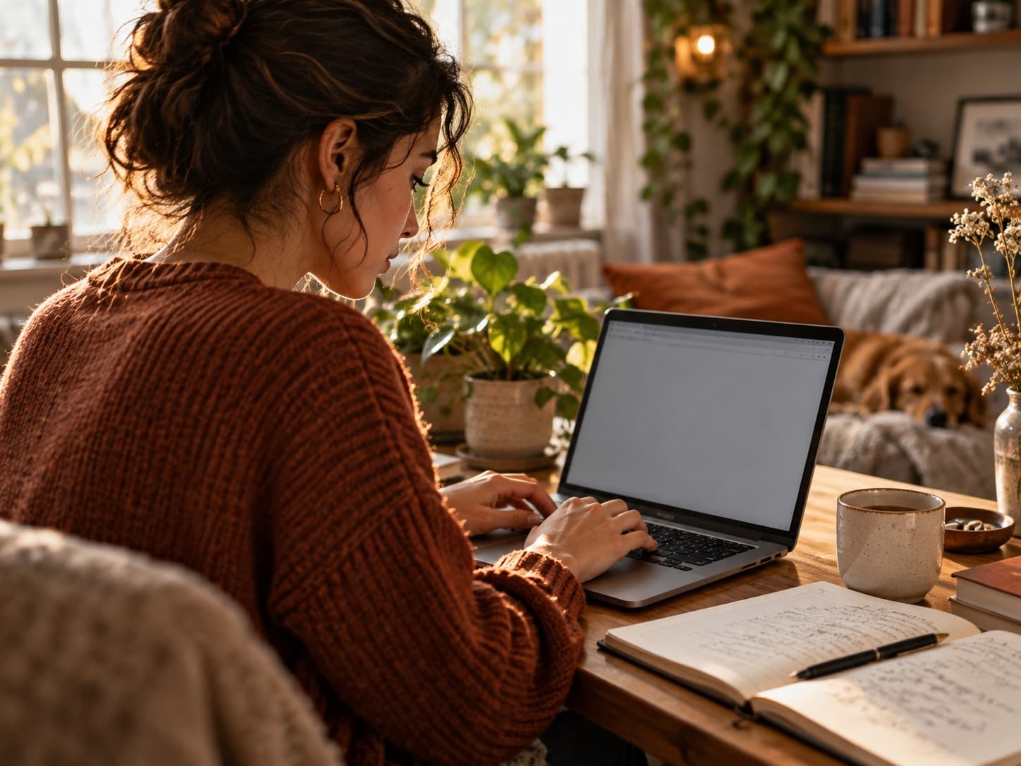 A person writing an interview answer on a laptop